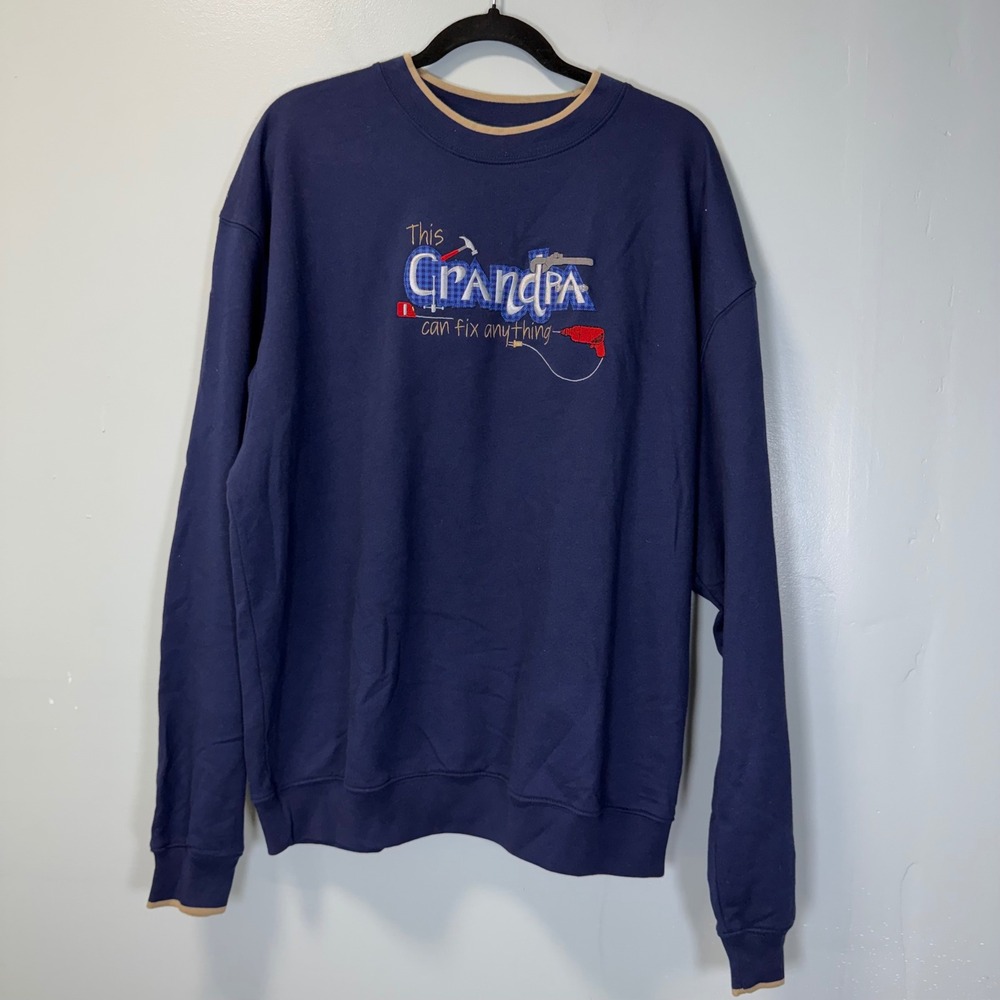 MC Sport Mens Grandpa Can Fix Anything‎ Sweatshirt Navy Blue Embroidered XL